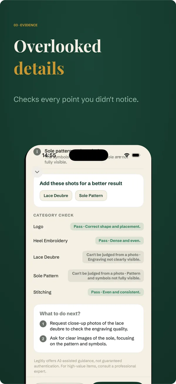 Category check list, including the points the app says it cannot judge from a photo