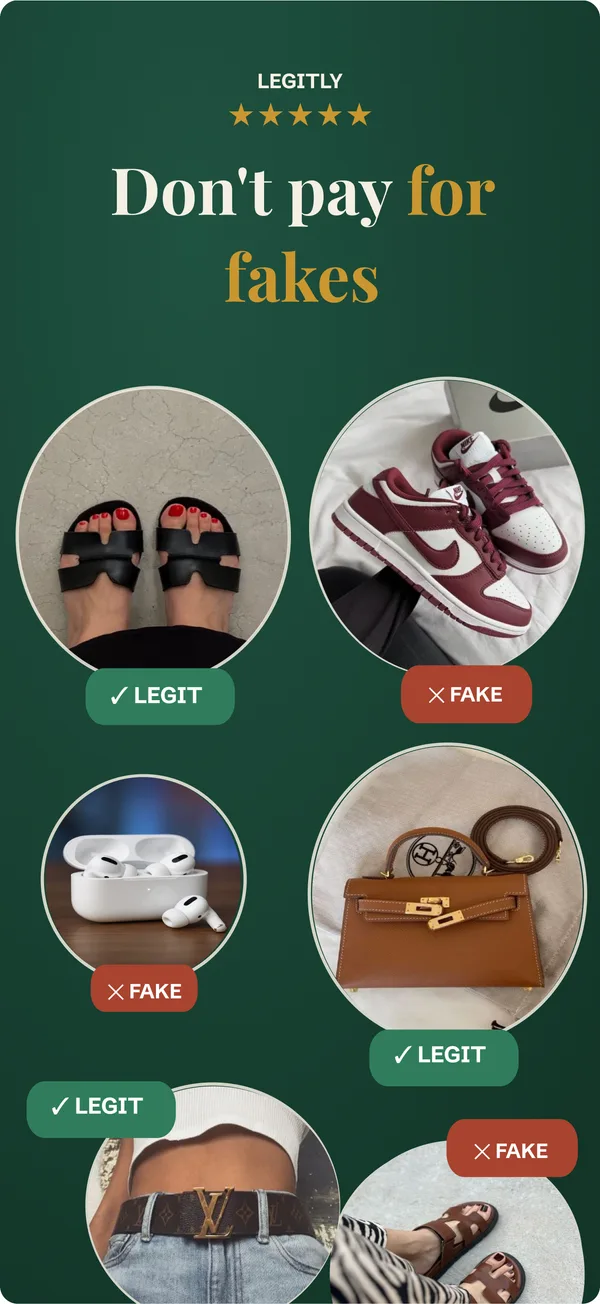App Store card reading 'Don't pay for fakes', with shopper photos of sandals, sneakers, earbuds, a handbag and a belt, each tagged LEGIT or FAKE
