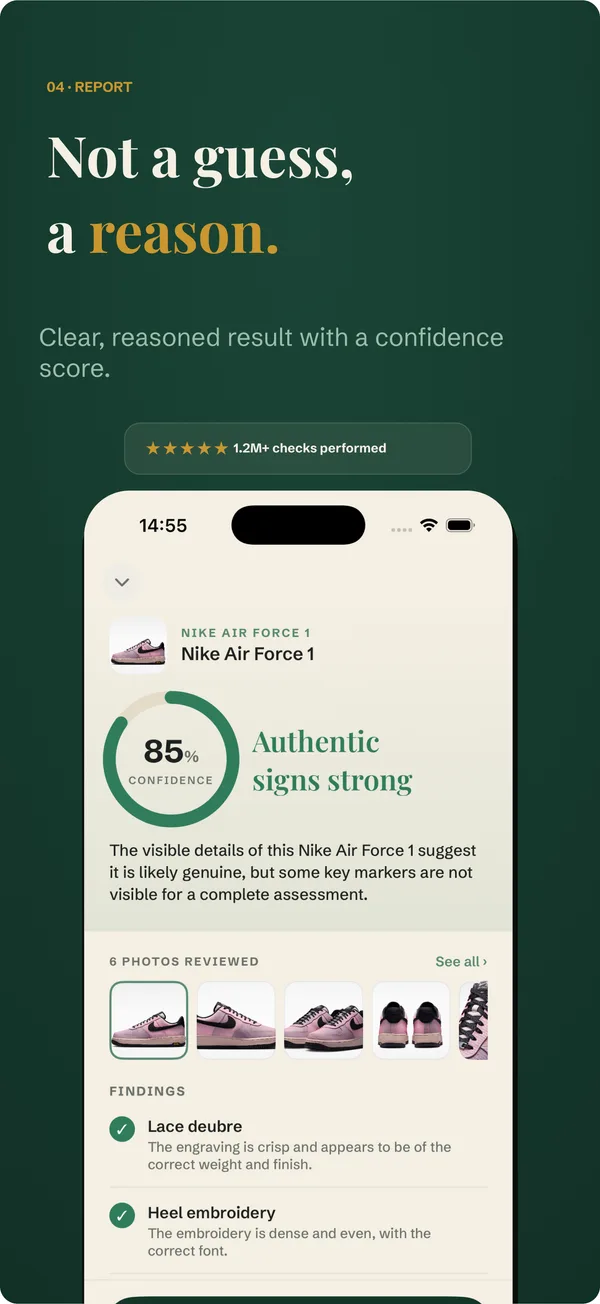 Result screen with a confidence score and the findings behind it