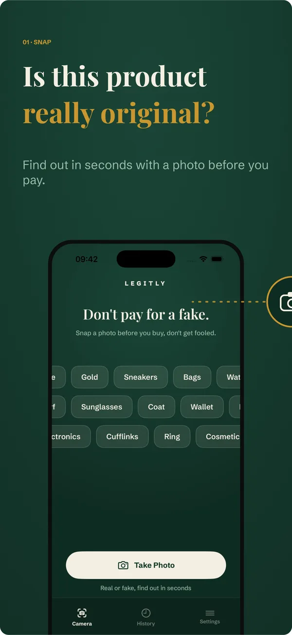 Camera screen: pick a category and photograph the item before you pay